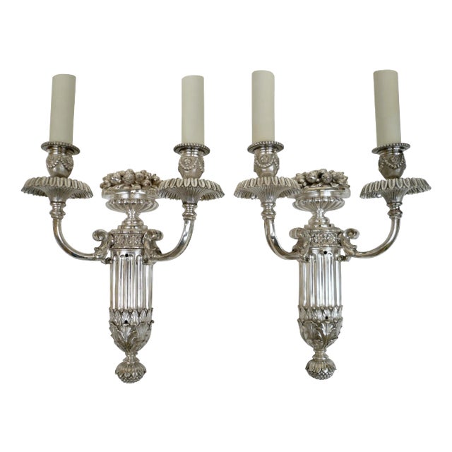 Pair of Signed E. F. Caldwell Slivered Bronze Two-Light Sconces For Sale