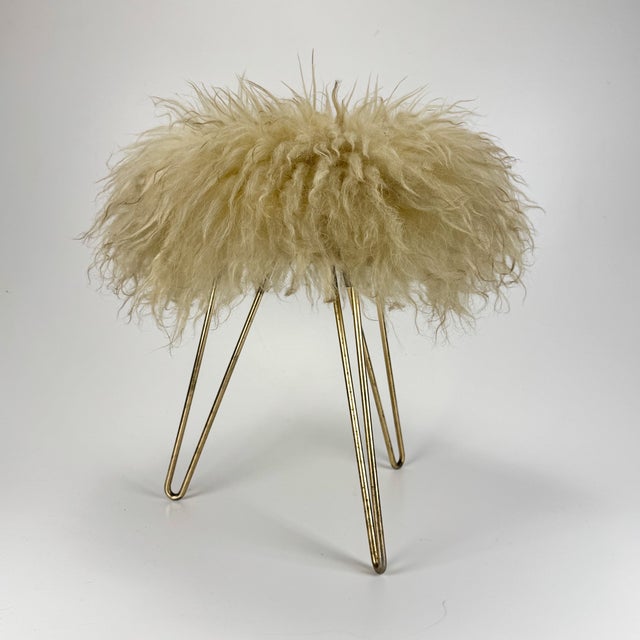 Mid-Century Modern Brass Tripod Hairpin Legged Lambswool Fur Stool, 1970s, in Very Good conditions. Designed 1970 to 1979