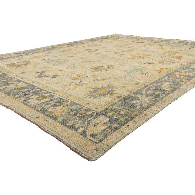 52531 Vintage Modern Turkish Oushak Rug, 10'03 x 13'09. A symphony of color and craftsmanship, this hand-knotted wool...