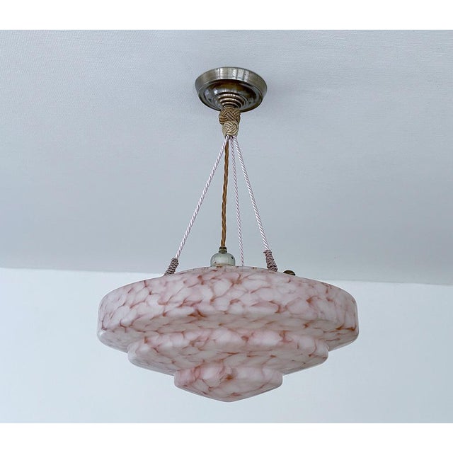 Art Deco Pendant Light in Pink and White Marble Glass, 1930s For Sale - Image 4 of 18