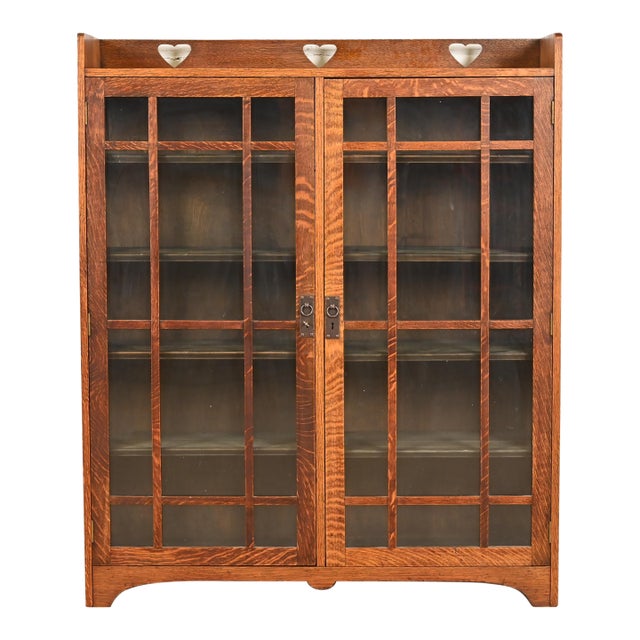 Stickley Brothers Style Antique Mission Oak Arts & Crafts Glass Front Double Bookcase Cabinet, Circa 1900 For Sale