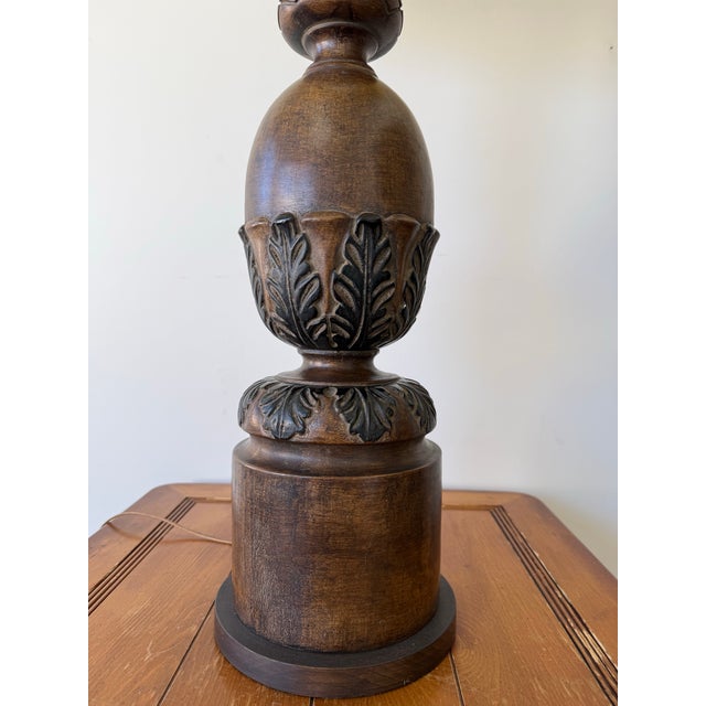 Vintage Monumental Carved Wood Table Lamp With Original Drum Shade For Sale - Image 4 of 7