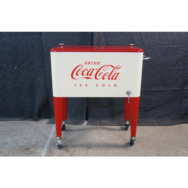 Vintage Style 60 Qt Coca-Cola Rolling Patio Cooler Cream & Red Ice Chest Cart For Sale - Image 17 of 18