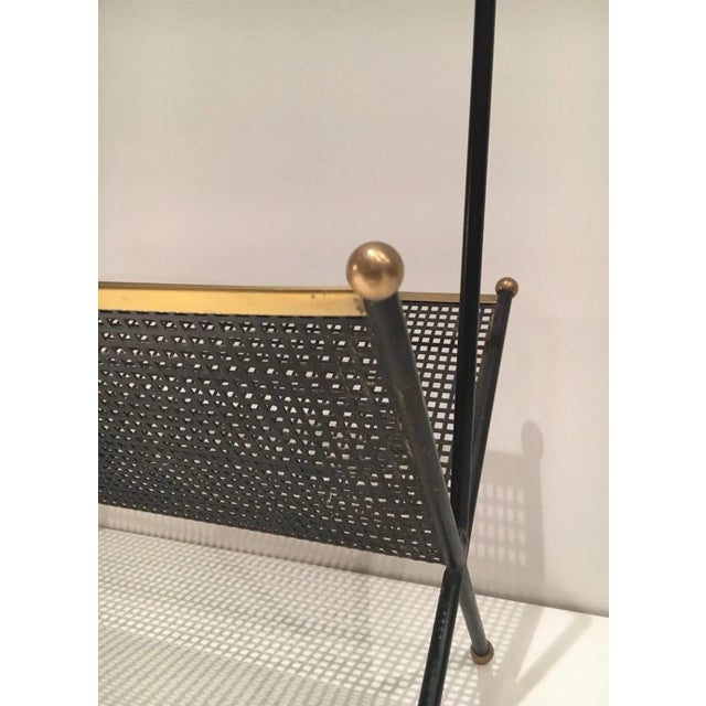 1950s French Black Lacquered Perforated Sheet and Brass Design Magazine Rack For Sale - Image 6 of 9