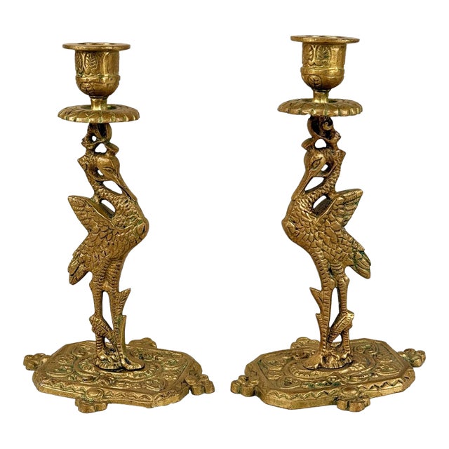 Antique Chinoiserie Brass Crane Bird Mantle Candlestick Holders - A Pair For Sale