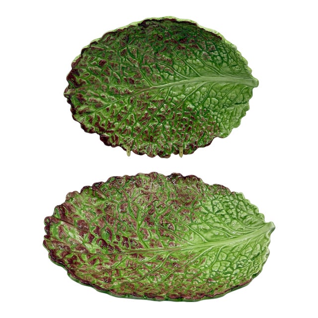 Vintage Majolica Italian Cabbage Leaf Small Platers - A Pair For Sale