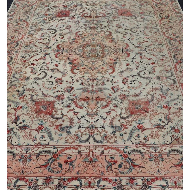 Wool & Silk Vintage Fine Tabriz Design Medallion Rug With Intricate Florals For Sale - Image 4 of 12