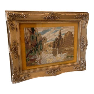 Vintage 1940s Hand-Stitched Swan Landscape Needlepoint in Ornate Gilt Frame For Sale