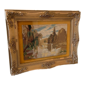 Vintage 1940s Hand-Stitched Swan Landscape Needlepoint in Ornate Gilt Frame