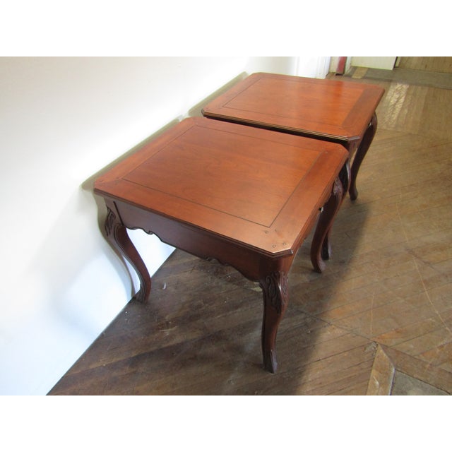 Item: Drexel pair of solid cherry French style end tables. Age: 1990's. Details: French style. Condition: Very clean...