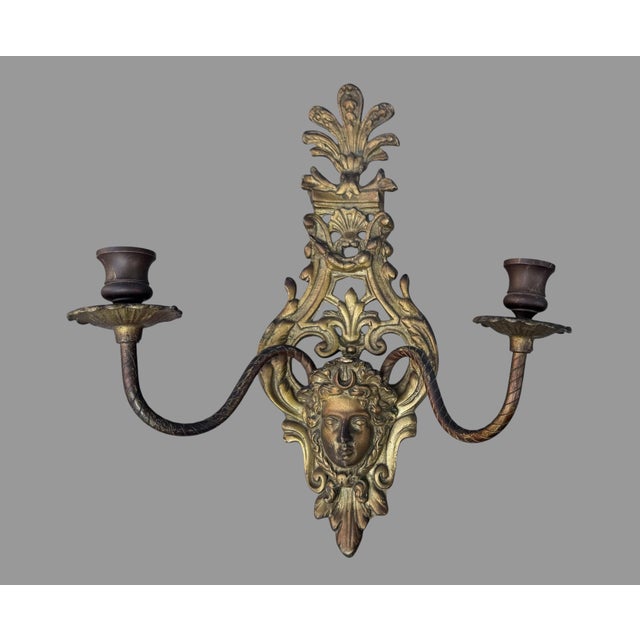Pair of Antique Victorian Figural 2 Light Candelabra Wall Sconces w Maiden Heads In good original condition showing some...