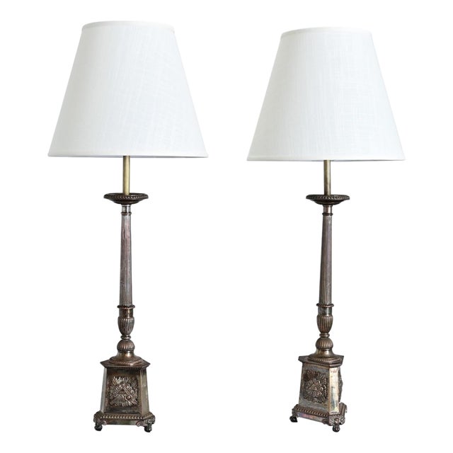 19th Century French Silverplate Altar Candlestick Lamps - a Pair For Sale