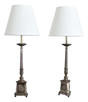 19th Century French Silverplate Altar Candlestick Lamps - a Pair