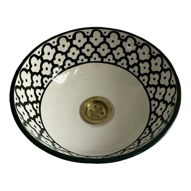 Handcrafted Ceramic Green Vessel Sink Basin, Brass Drain For Sale