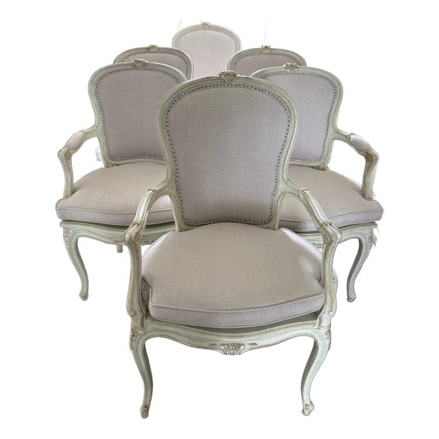 Early 20th Century Early 20th Century Set of Six Louis XIV Lilac Arm Chairs For Sale