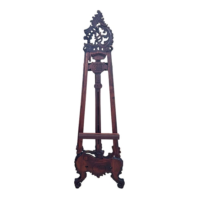 Large, Floor-Standing, Antique, Mahogany, Rococo-Revival, Adjustable, Hand-Carved Easel, 1890’s For Sale