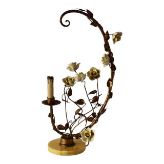 Italian Gilded Tole Porcelain Yellow Roses Leaf Vine Marble Base Table Accent Lamp Vintage Mid-Century For Sale