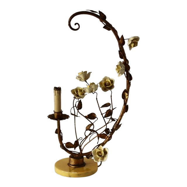Italian Gilded Tole Porcelain Yellow Roses Leaf Vine Marble Base Table Accent Lamp Vintage Mid-Century For Sale