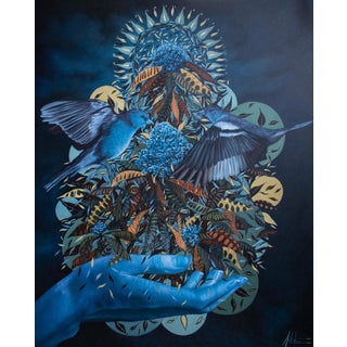 Confetti of Life by Andrada Trapnell | Oil on board Hand holding flowers with birds flying around. For Sale
