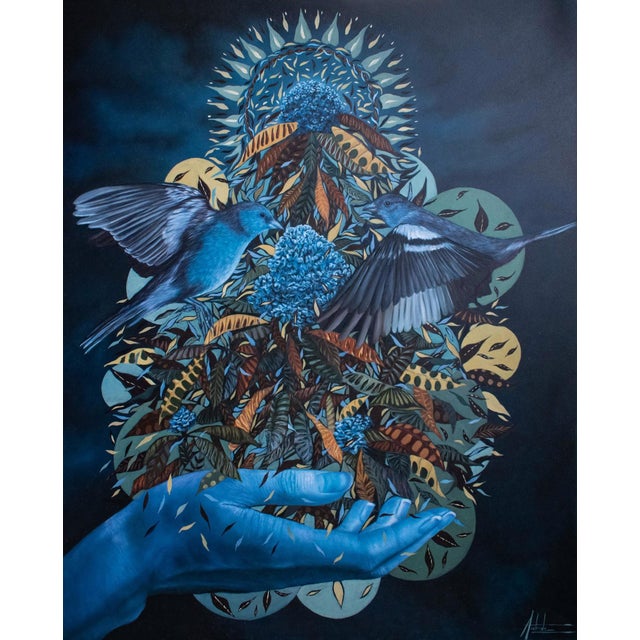 Confetti of Life by Andrada Trapnell | Oil on board Hand holding flowers with birds flying around. For Sale