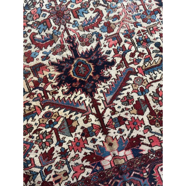 White 1940s Jungle Heriz with Duel-Finials Eggshell with Garden of Colors Rug 7.2 x 10.4 For Sale - Image 8 of 13