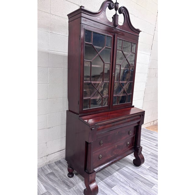 Traditional Antique Empire Flame Mahogany Secretary Desk and Bookcase For Sale - Image 3 of 18