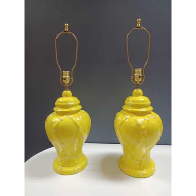 Pair of Vintage Mid 20th Century Yellow Ginger Jar Lamps With Faux