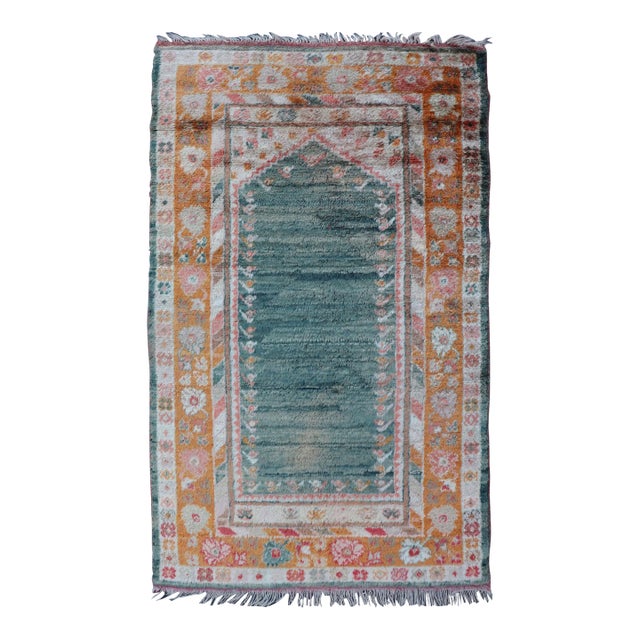 Antique Angora Oushak Rug With Solid Background in Teal, Blue, Orange Colors 3'2 X 5'4. For Sale