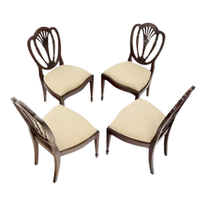 Heart Shape Shield Back Carved Mahogany Federal Chairs New Linen Uphols - Set of 4