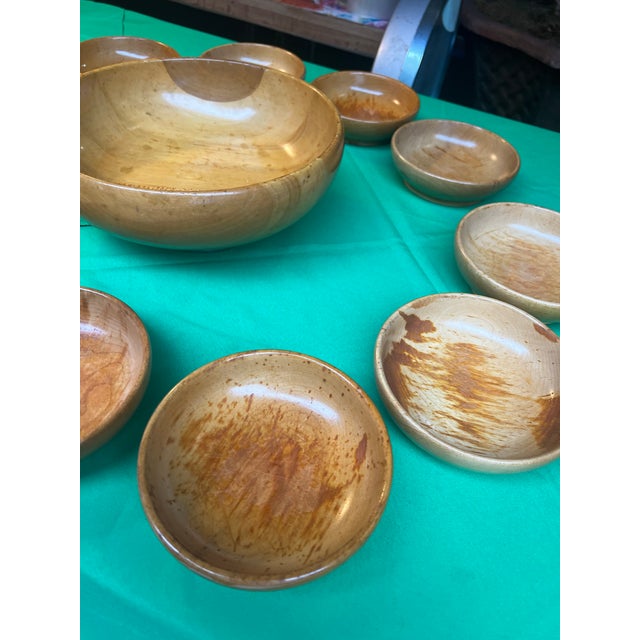 Wood 1970s Collection of Stamped Sterling Silver Pedestal Wooden Bowl With Serving Dishes - Set of 12 For Sale - Image 7 of 12
