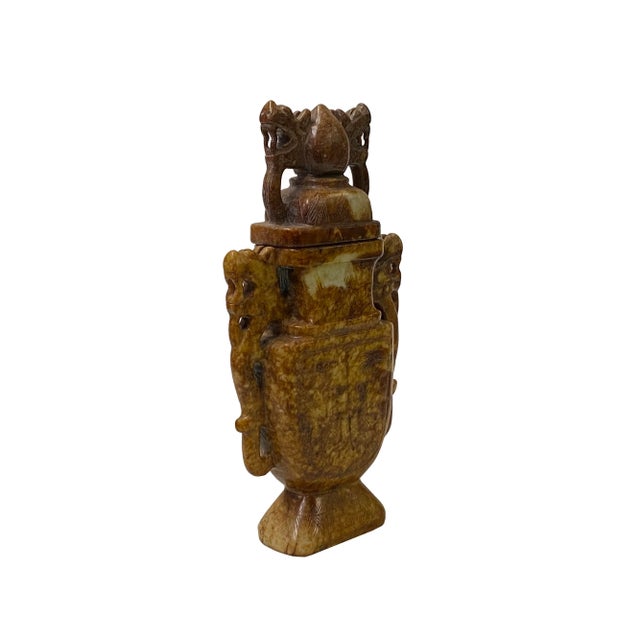 Stone Chinese Brown Color Stone Carved Dragons Flat Jar Display Art For Sale - Image 7 of 8