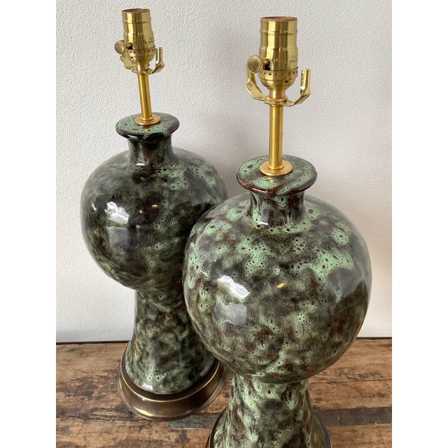 Late 20th Century Vintage Glazed Ceramic Lamps - A Pair For Sale - Image 5 of 12
