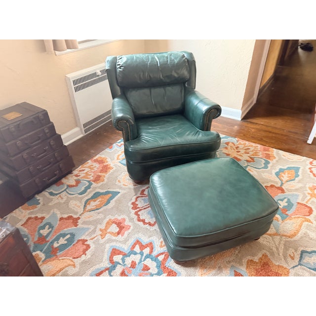 Hancock & Moore Styled Green Leather Club Chair With Ottoman For Sale - Image 4 of 9