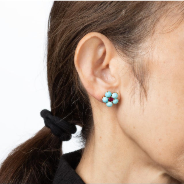 Turquoise Pink Tourmaline Flower Earrings 18k Yellow Gold Fine Jewelry, A Pair For Sale - Image 4 of 4