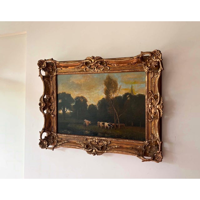 Cows at Sunset Pastoral Landscape, Oil Painting on Wood Panel, Framed For Sale - Image 6 of 9