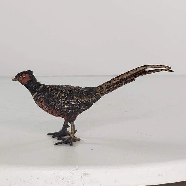 Vintage Mid 20th Century Austria Bronze Cold Painted Ring-Necked Pheasant Miniature Figurines - a Pair For Sale - Image 4 of 13