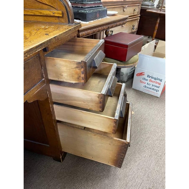 Wood Antique Tiger Oak Roll Top Desk, Accordion Style, 5 Drawers, Solid Wood For Sale - Image 7 of 10