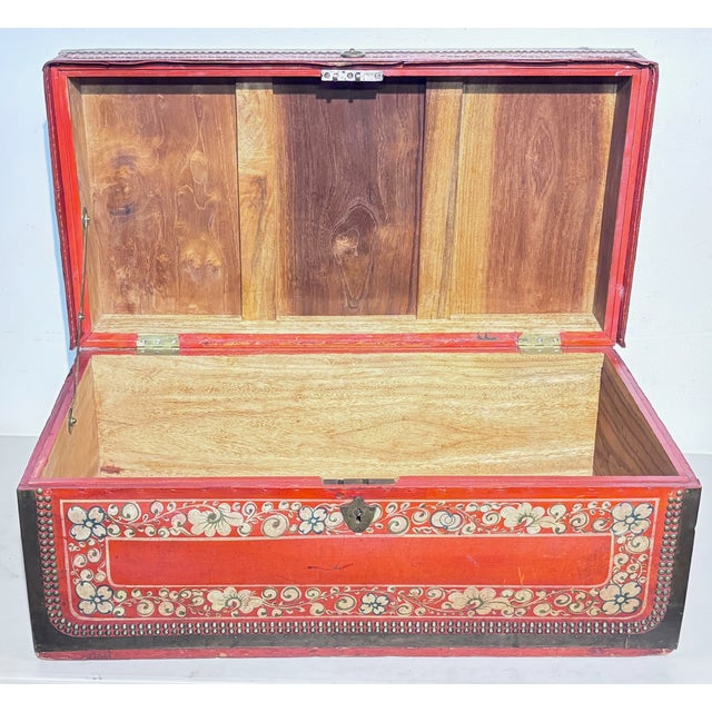 Wood 19th Century Chinese Export Red Leather Camphor Wood Trunk For Sale - Image 7 of 8