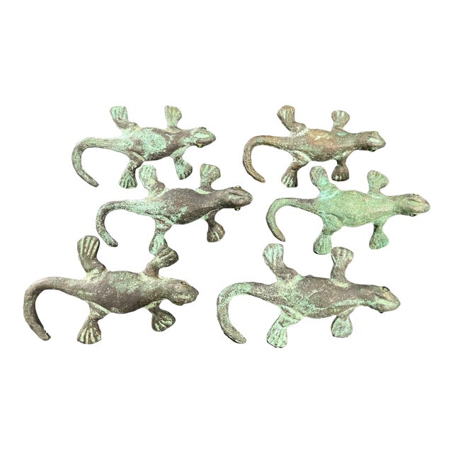 Vintage Patina Brass Lizard Cabinet Knobs Drawer Pulls - Set of 6 For Sale