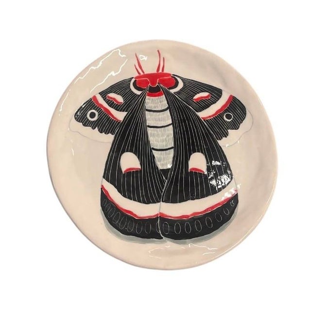 2000 - 2009 Vintage Handmade Signed Ceramic Art Plate – Hand-Painted Cecropia Moth / Butterfly Design For Sale - Image 5 of 12