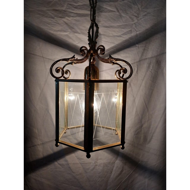 Brass and Cut Glass Hexagon Lantern Pendant Lamp, 1940s For Sale - Image 10 of 15