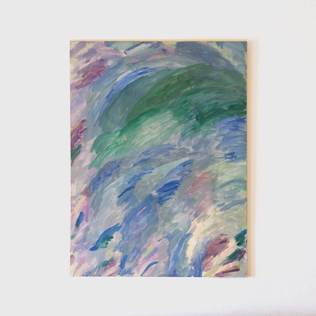 A painting to command a room's attention. Expressive brushwork in deep emerald green, lapis blues, and warm violet. An...