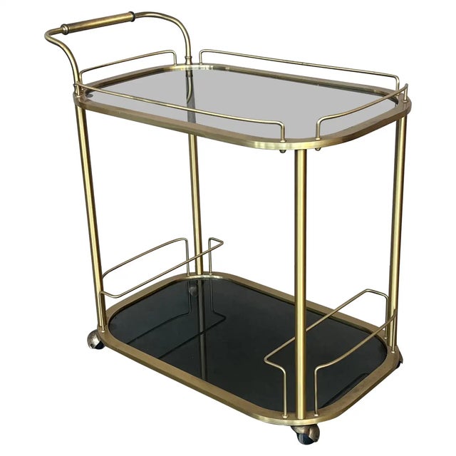 Art Deco Brass Dry Bar Cart With Smoked Two Tier Glass For Sale - Image 12 of 12