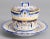 A superb antique French faience Desvres lidded butter bowl dish tureen with attached underplate, circa 1900. Maker's mark...
