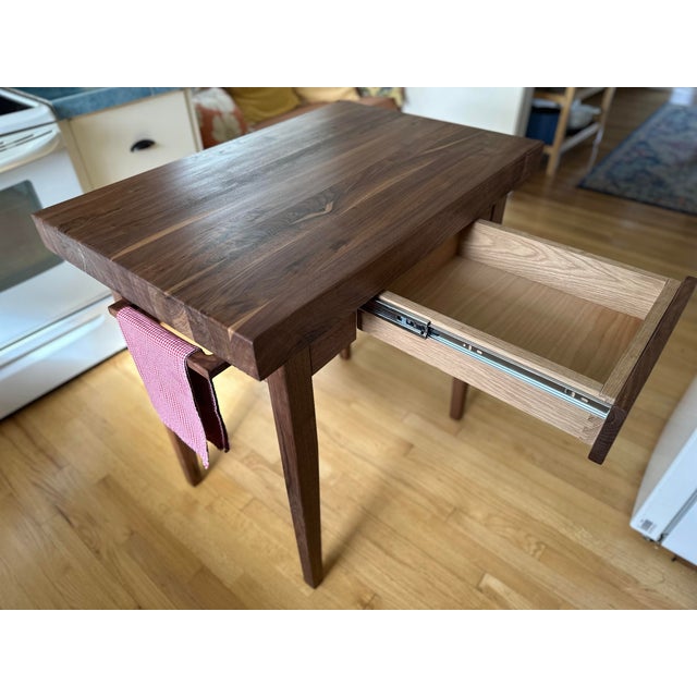 Solid 3” Thick Walnut Kitchen Table, Dovetailed Drawer, Towel Bar and Tapered Legs For Sale - Image 4 of 9