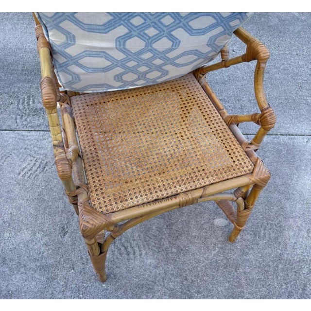 Tan Chinese Chippendale Fretwork Bamboo Armchair Desk Chair With Cushion For Sale - Image 8 of 8