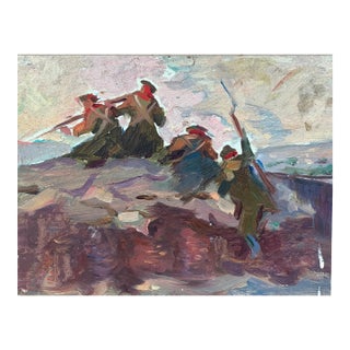 1970s Army Attack Oil Painting, Socialist Realism, Ukrainian Art For Sale