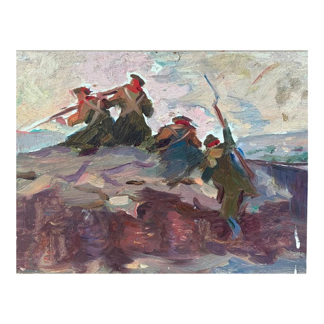 1970s Army Attack Oil Painting, Socialist Realism, Ukrainian Art For Sale