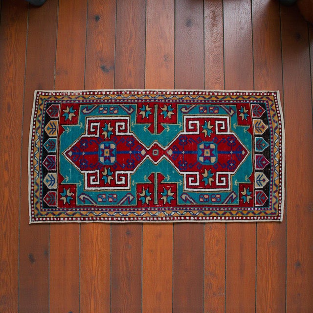 Rustic 1960s Vintage Small Turkish Rug Turquoise Kitchen Bathtoom Entry Decor 2x4 Ft Approx For Sale - Image 3 of 13