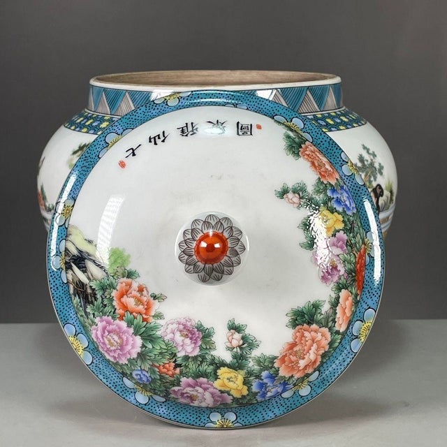 Chinese Famille Rose Porcelain Covered Jar With Figural Garden Scene For Sale - Image 4 of 7